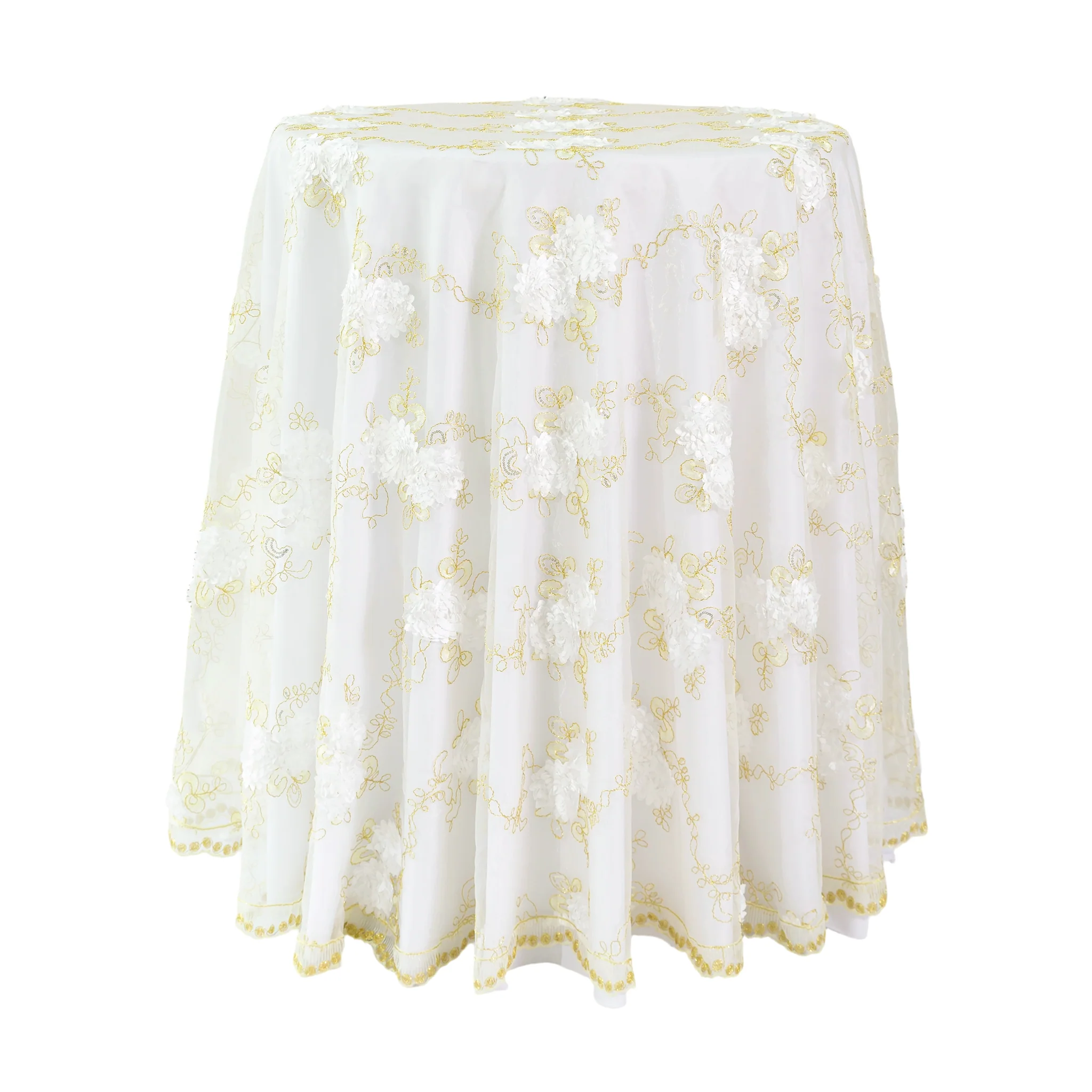 Vintage Veil Embroidery 108" Round Tablecloth/Overlay Topper - Gold/Ivory - Image 11