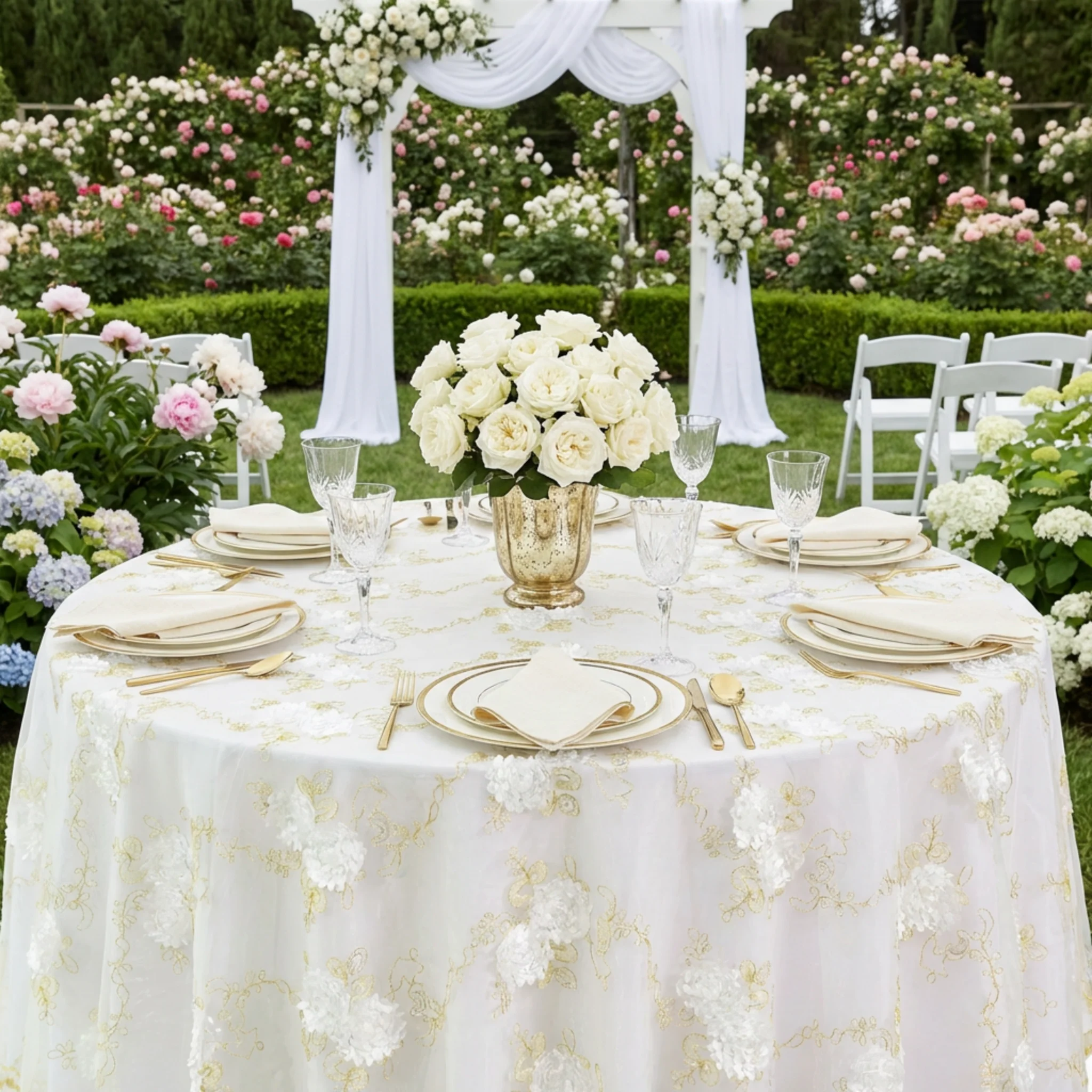Vintage Veil Embroidery 108" Round Tablecloth/Overlay Topper - Gold/Ivory - Image 5