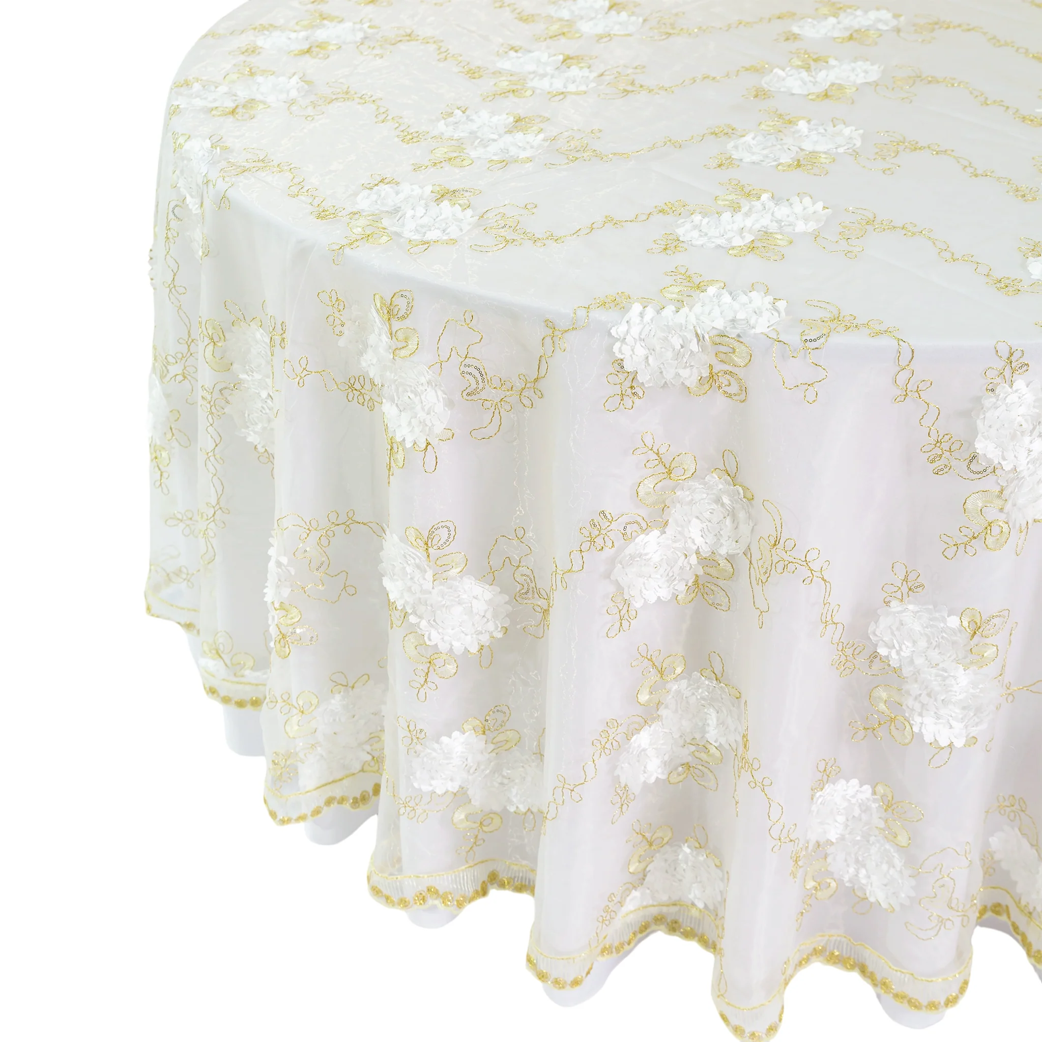 Vintage Veil Embroidery 108" Round Tablecloth/Overlay Topper - Gold/Ivory - Image 6