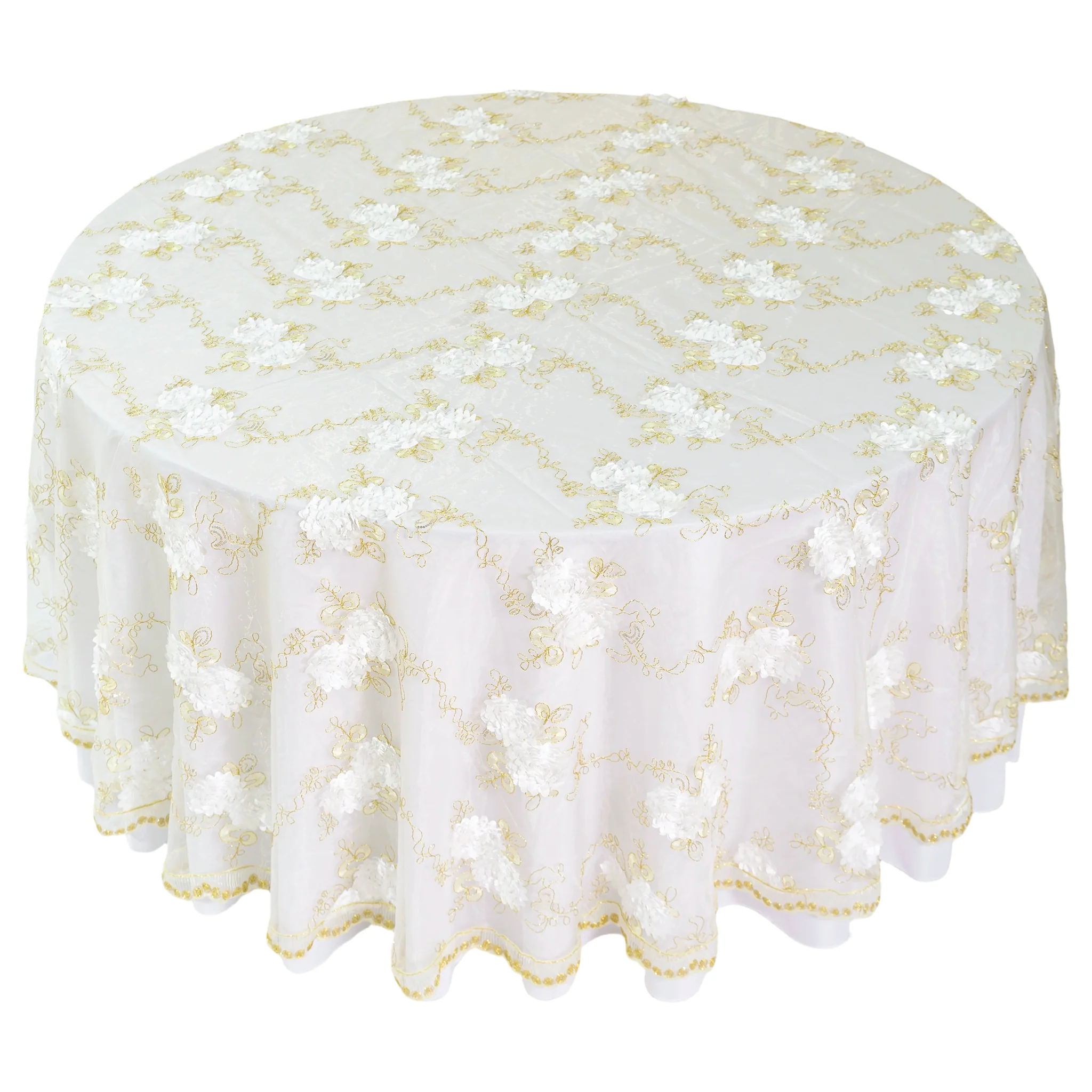 Vintage Veil Embroidery 108" Round Tablecloth/Overlay Topper - Gold/Ivory - Image 8