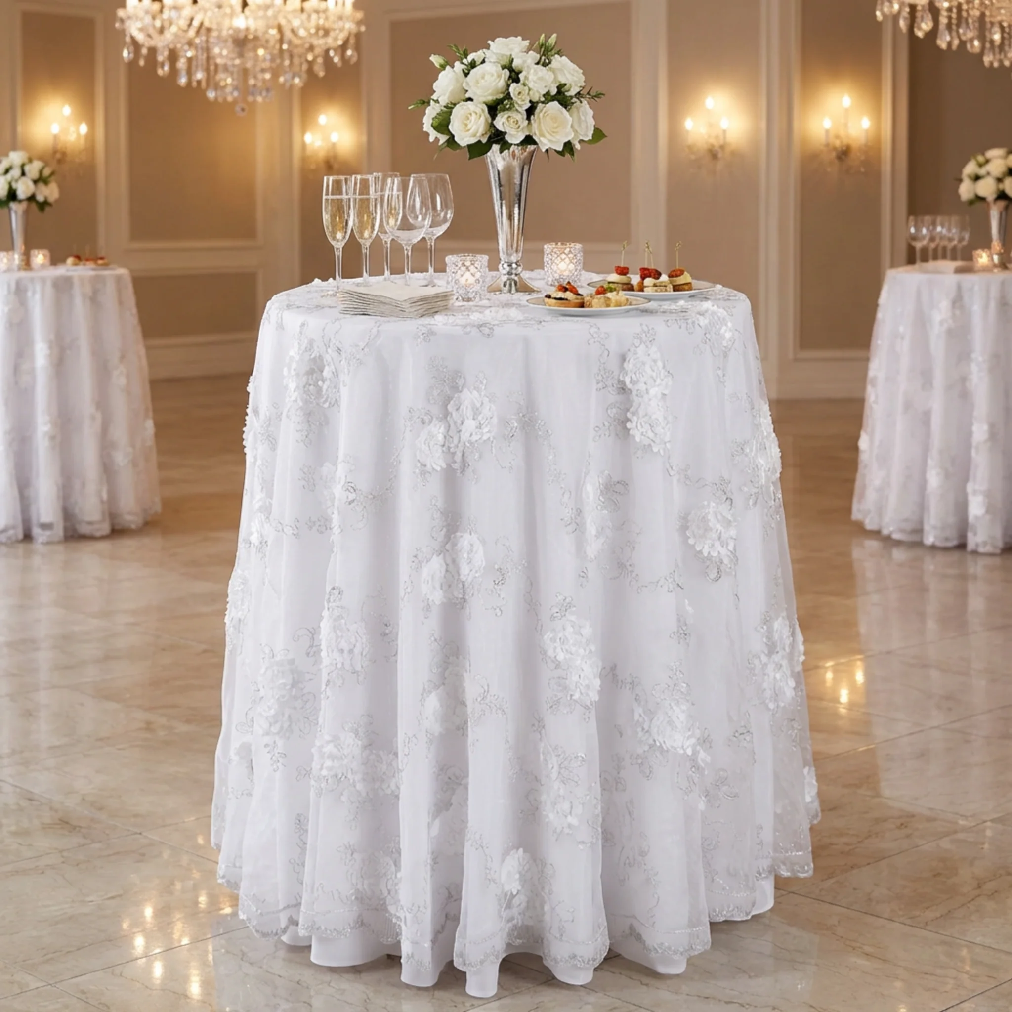 Vintage Veil Embroidery 108" Round Tablecloth/Overlay Topper - White - Image 2