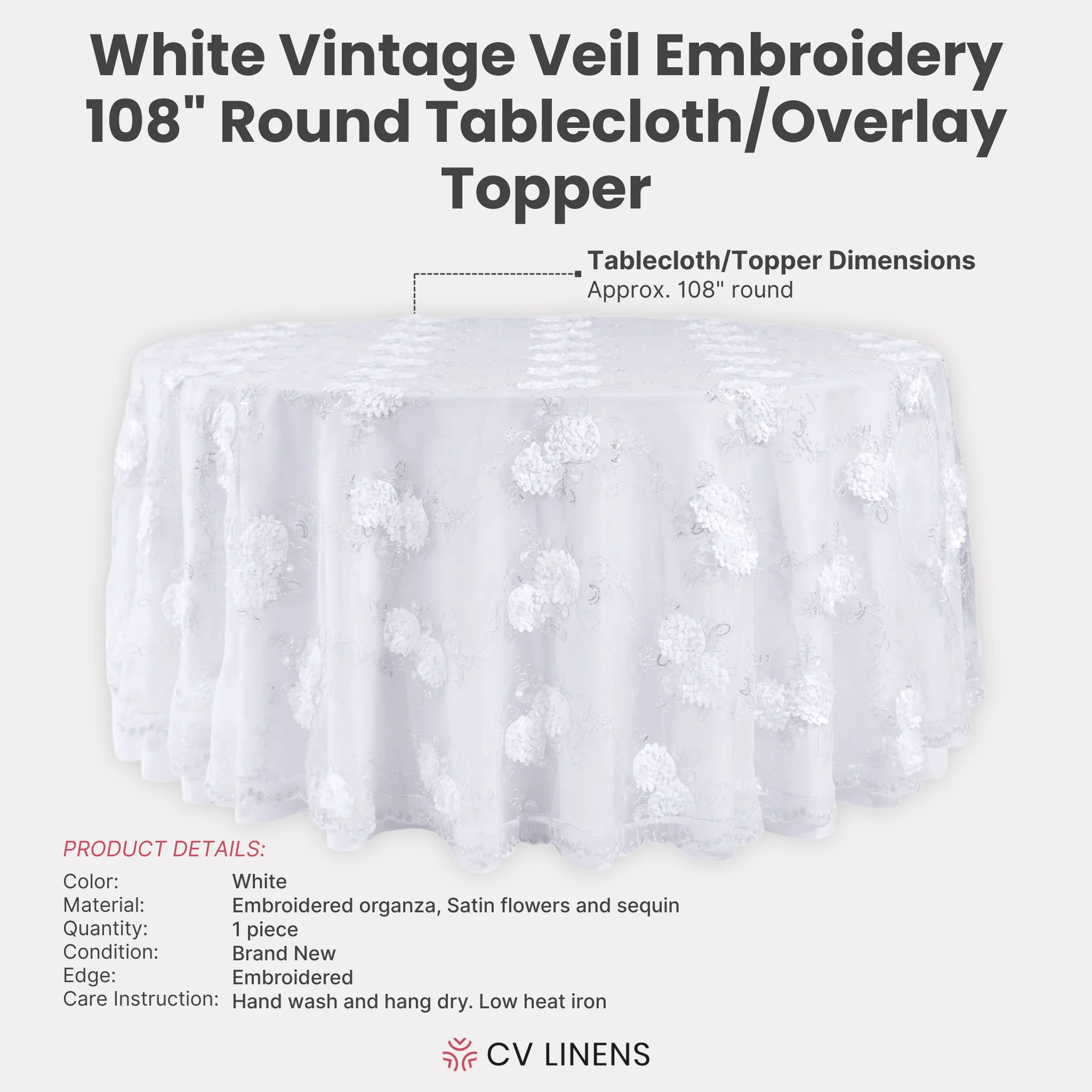 Vintage Veil Embroidery 108" Round Tablecloth/Overlay Topper - White - Image 4