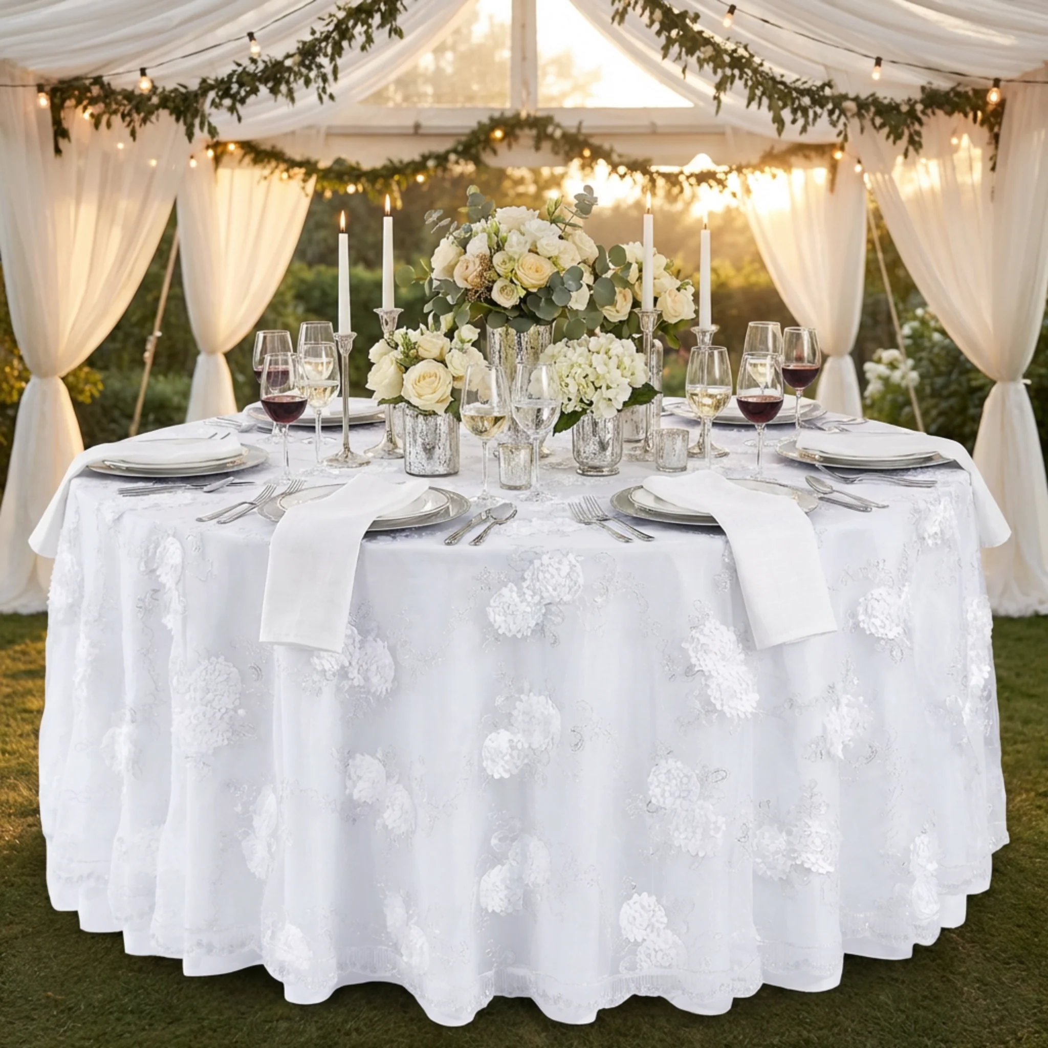 Vintage Veil Embroidery 108" Round Tablecloth/Overlay Topper - White - Image 5