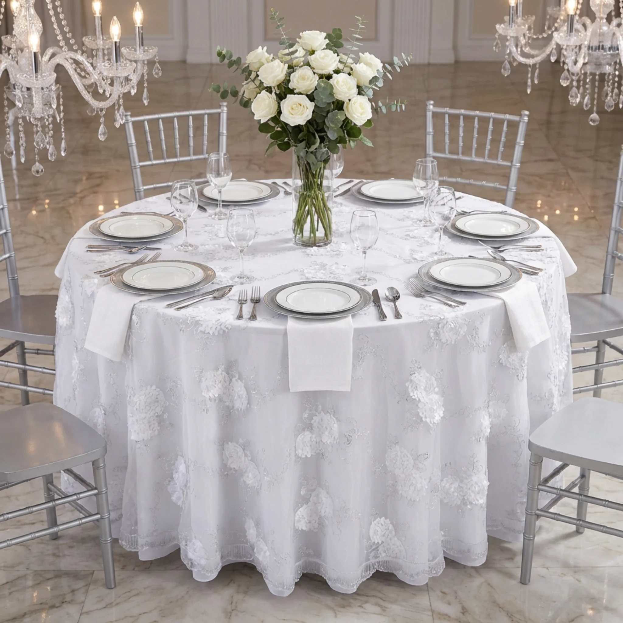 Vintage Veil Embroidery 108" Round Tablecloth/Overlay Topper - White - Image 7
