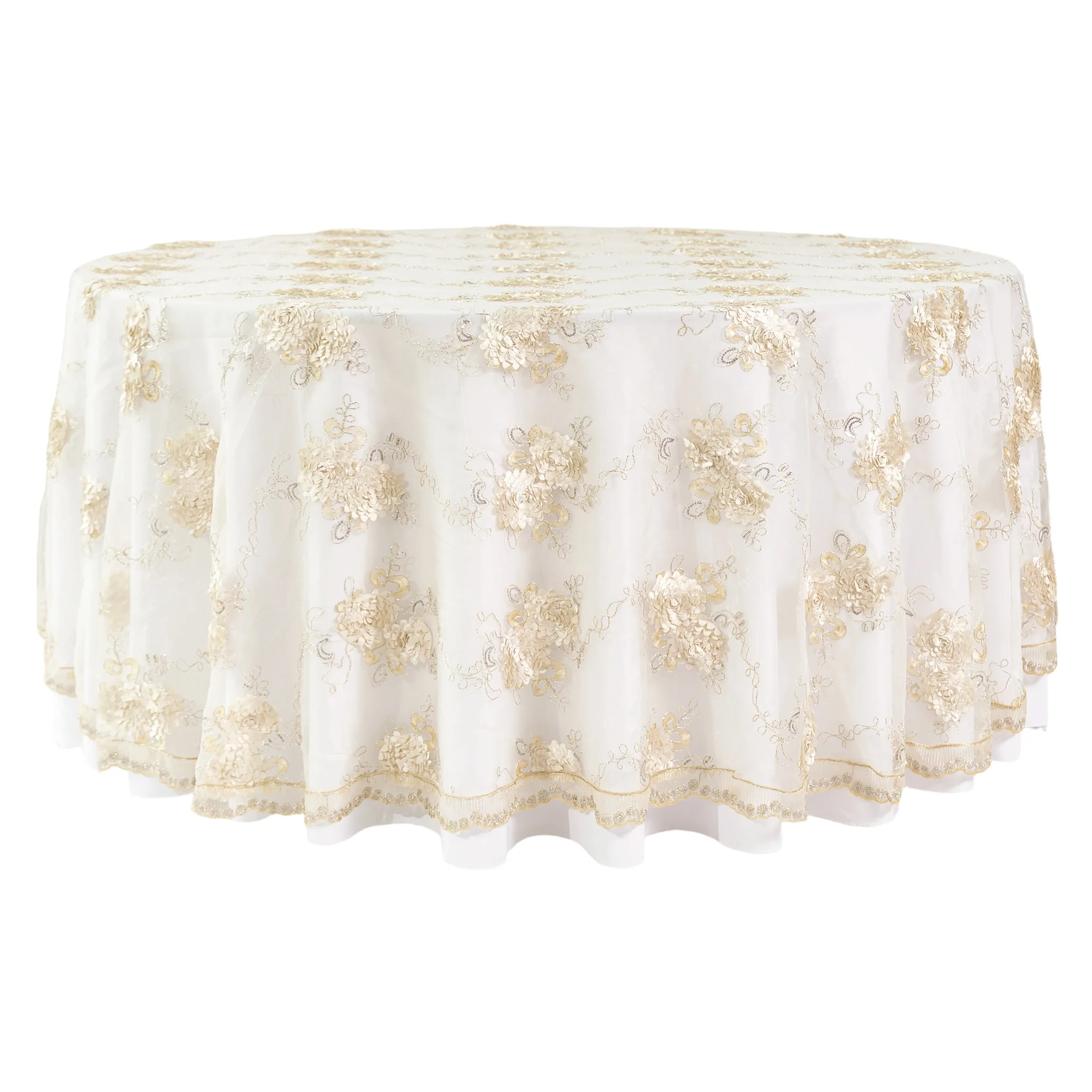 Vintage Veil Embroidery 120" Round Tablecloth/Overlay Topper - Champagne