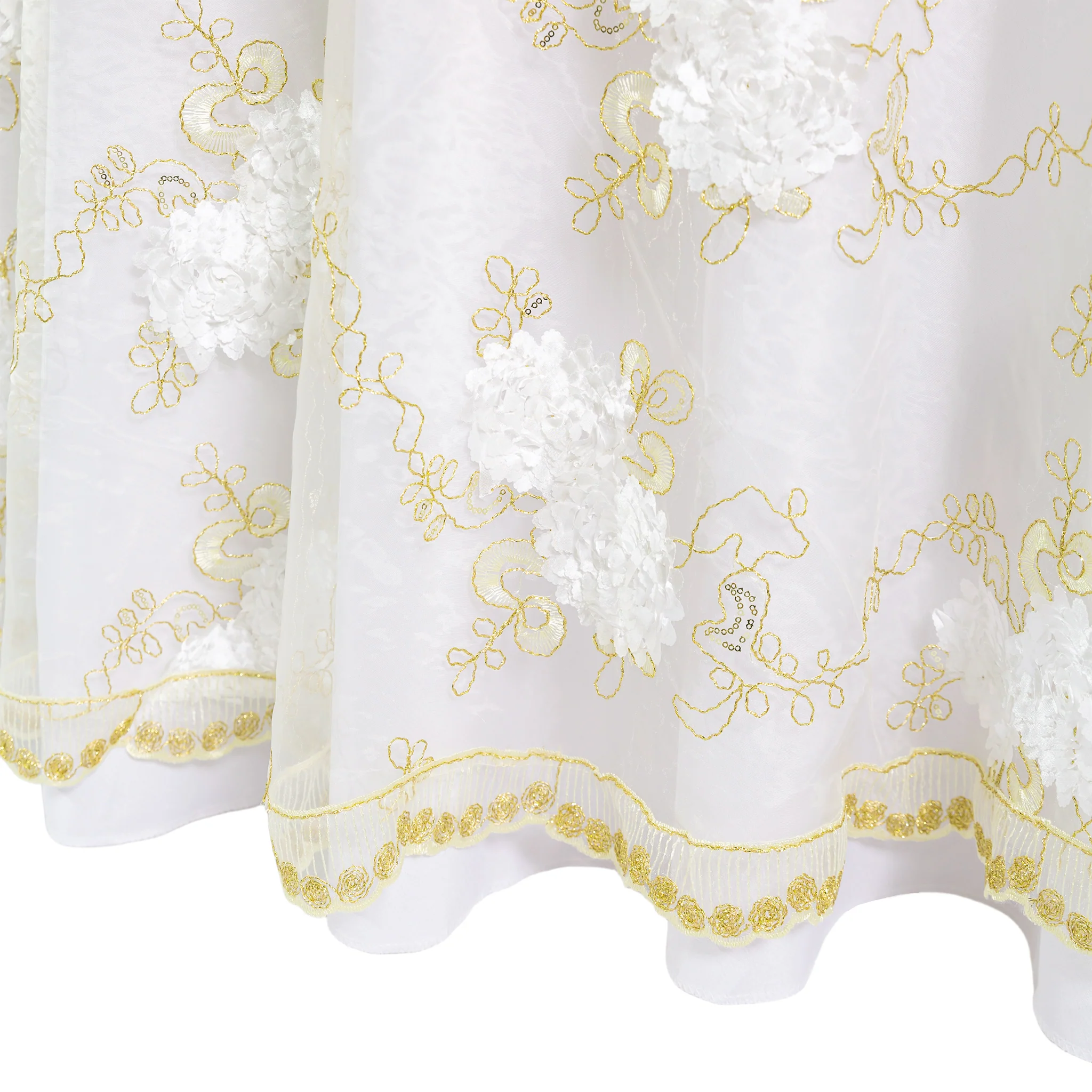 Vintage Veil Embroidery 120" Round Tablecloth/Overlay Topper - Gold/Ivory - Image 5