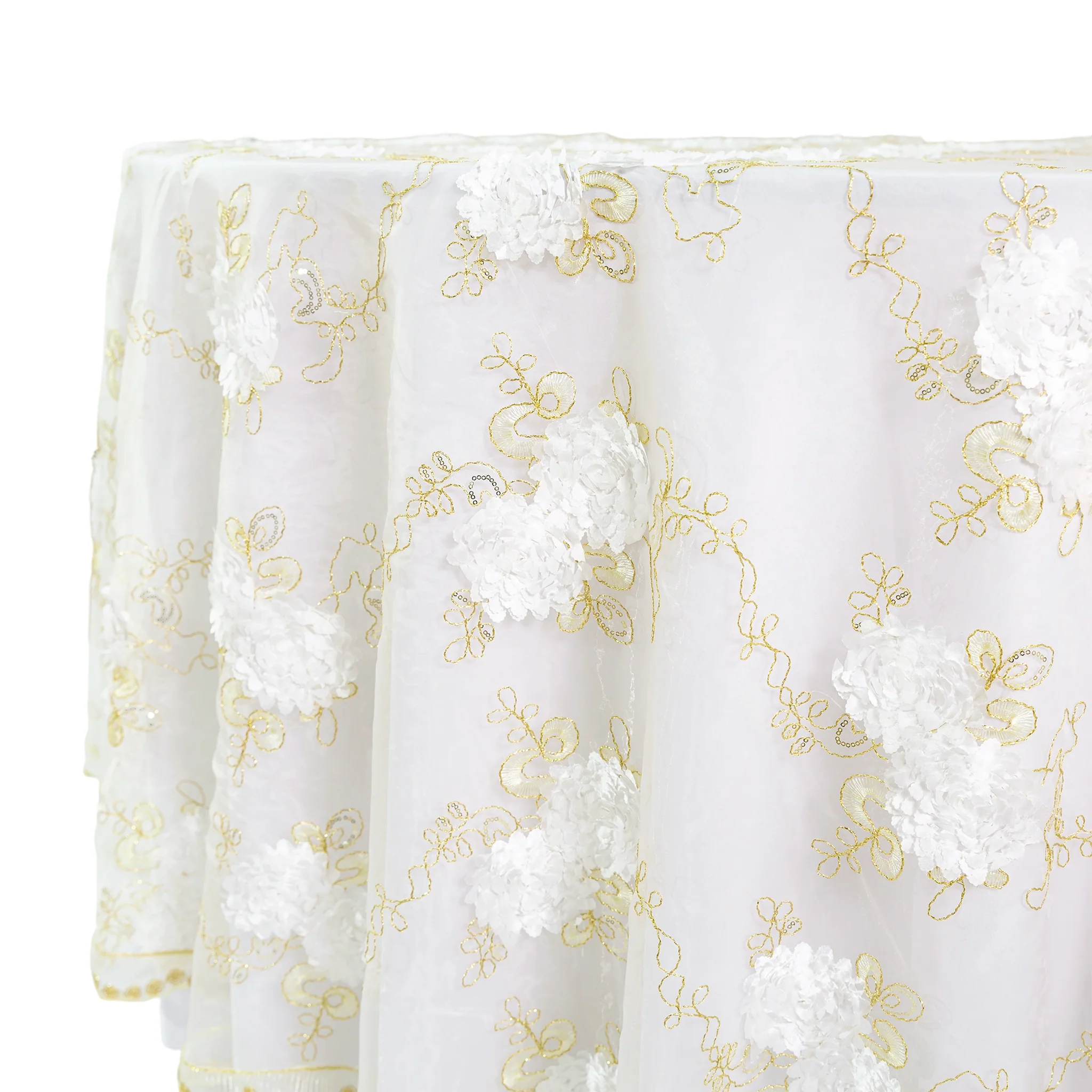 Vintage Veil Embroidery 120" Round Tablecloth/Overlay Topper - Gold/Ivory - Image 6