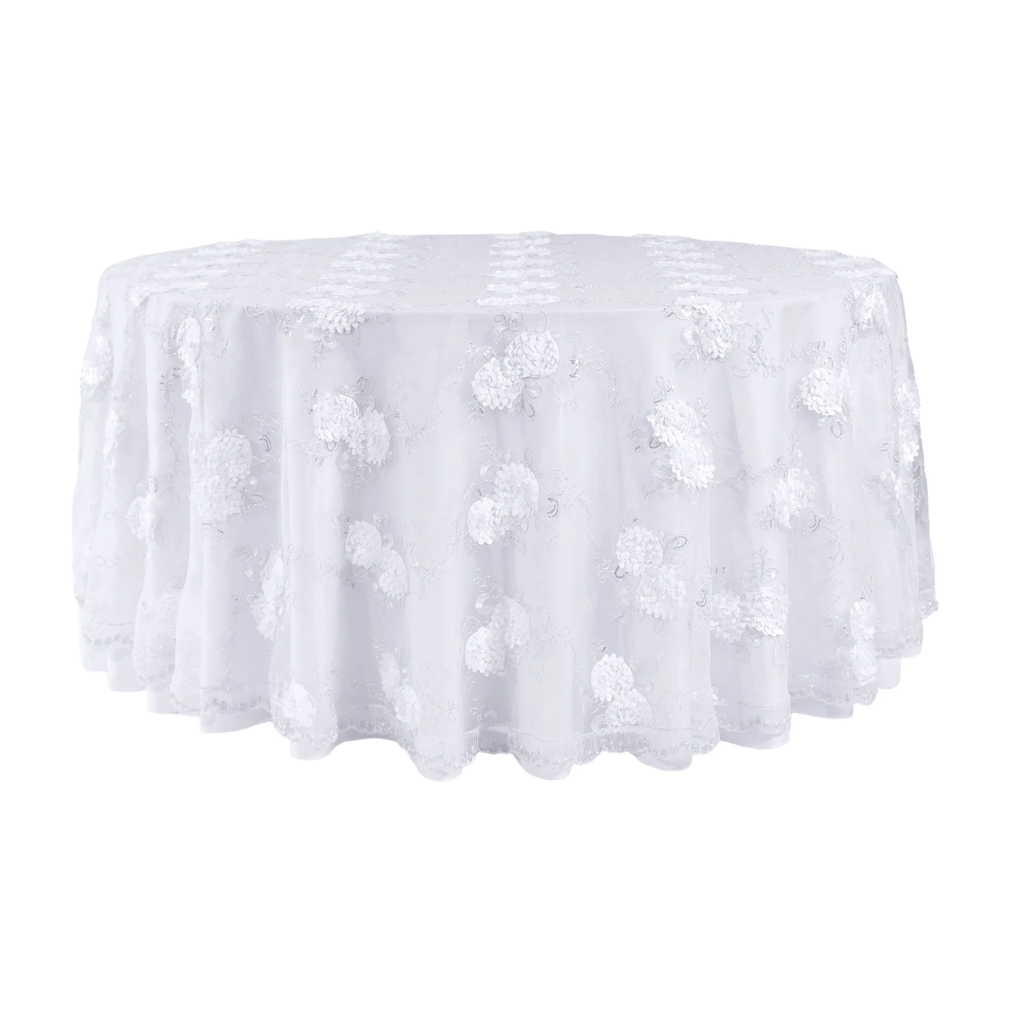 Vintage Veil Embroidery 120" Round Tablecloth/Overlay Topper - White
