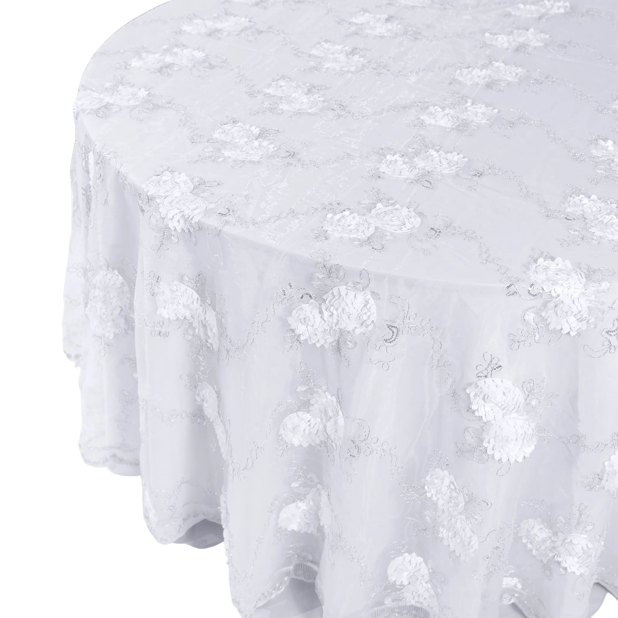 Vintage Veil Embroidery 120" Round Tablecloth/Overlay Topper - White - Image 5