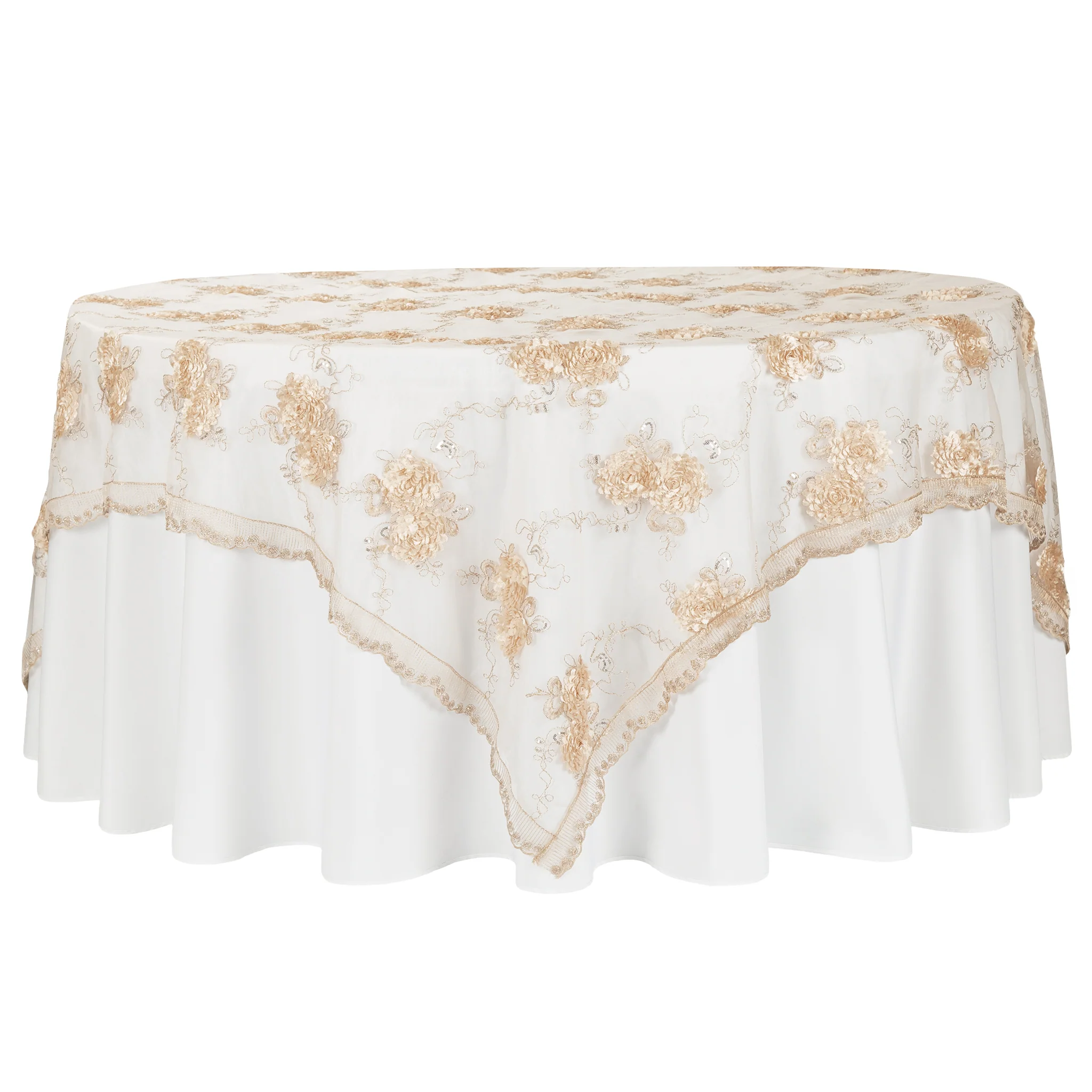 Vintage Veil Embroidery 90"x90" Square Table Overlay Topper - Champagne