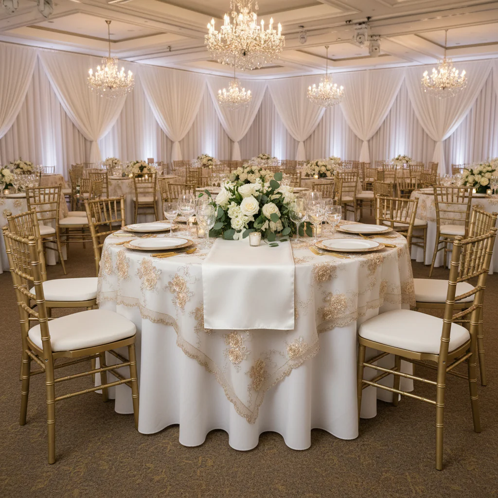Vintage Veil Embroidery 90"x90" Square Table Overlay Topper - Champagne - Image 3