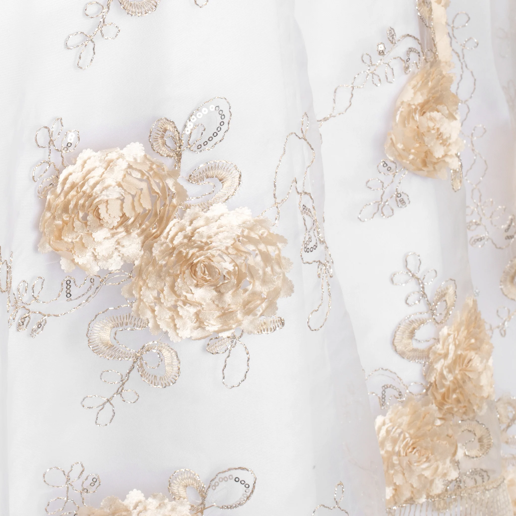 Vintage Veil Embroidery 90"x90" Square Table Overlay Topper - Champagne - Image 4
