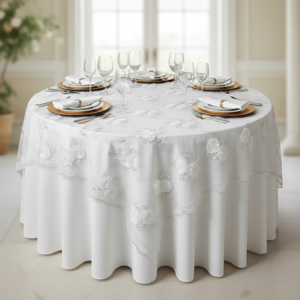Vintage Veil Embroidery 90"x90" Square Table Overlay Topper - White - Image 3