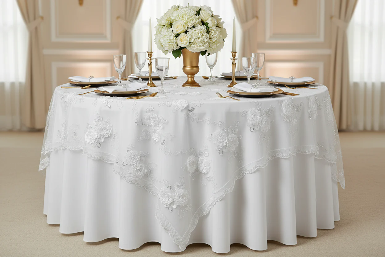 Vintage Veil Embroidery 90"x90" Square Table Overlay Topper - White - Image 4