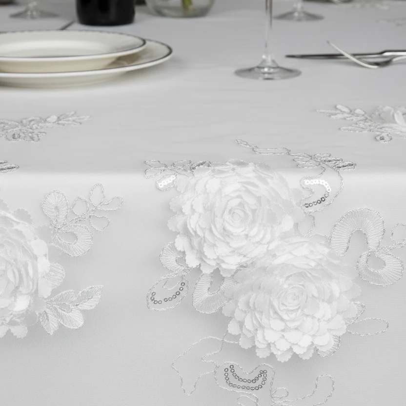 Vintage Veil Embroidery 90"x90" Square Table Overlay Topper - White - Image 5