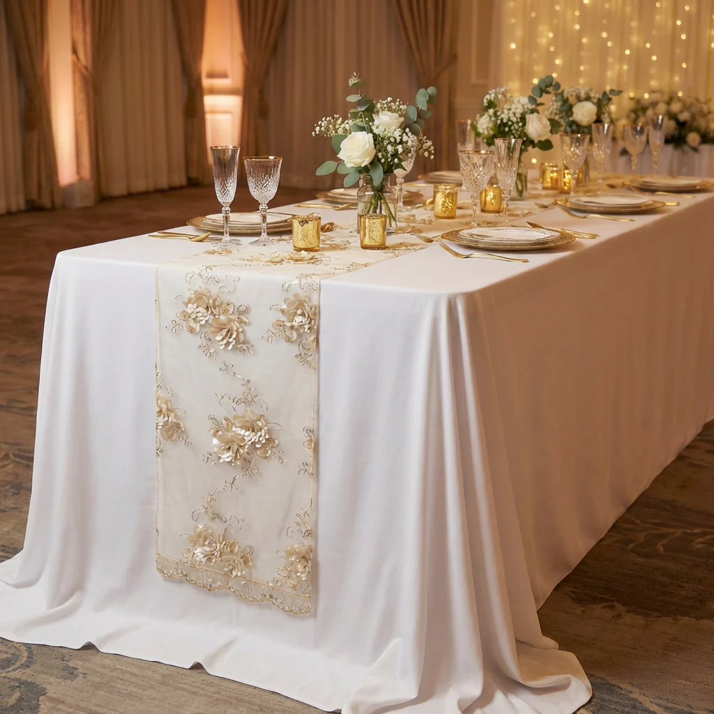 Vintage Veil Embroidery Table Runner - Champagne