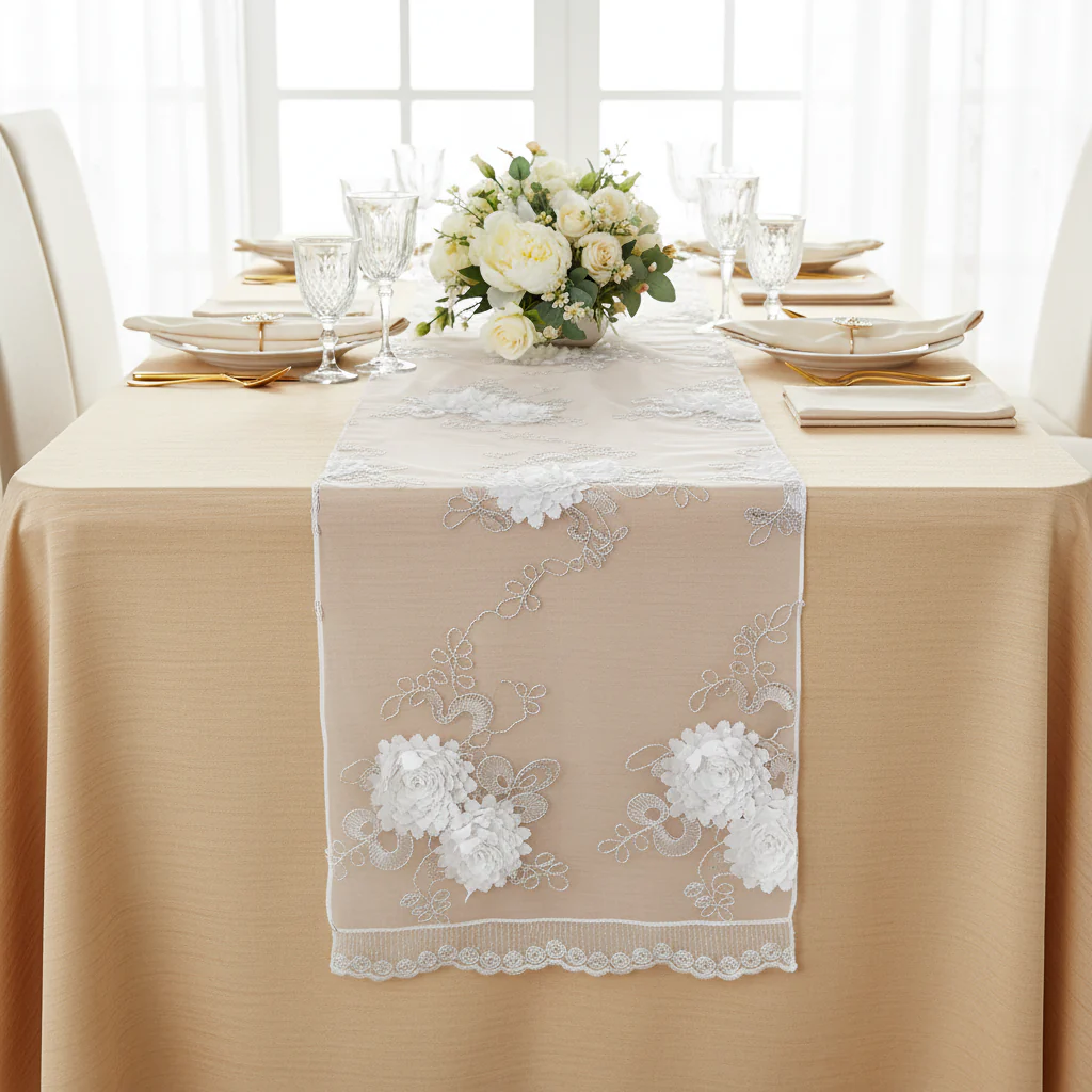 Vintage Veil Embroidery Table Runner - White