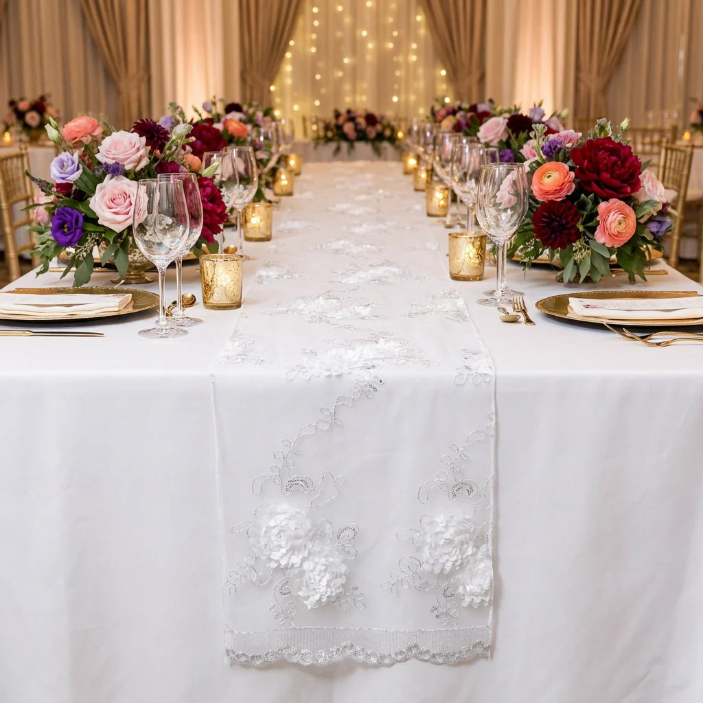 Vintage Veil Embroidery Table Runner - White - Image 2