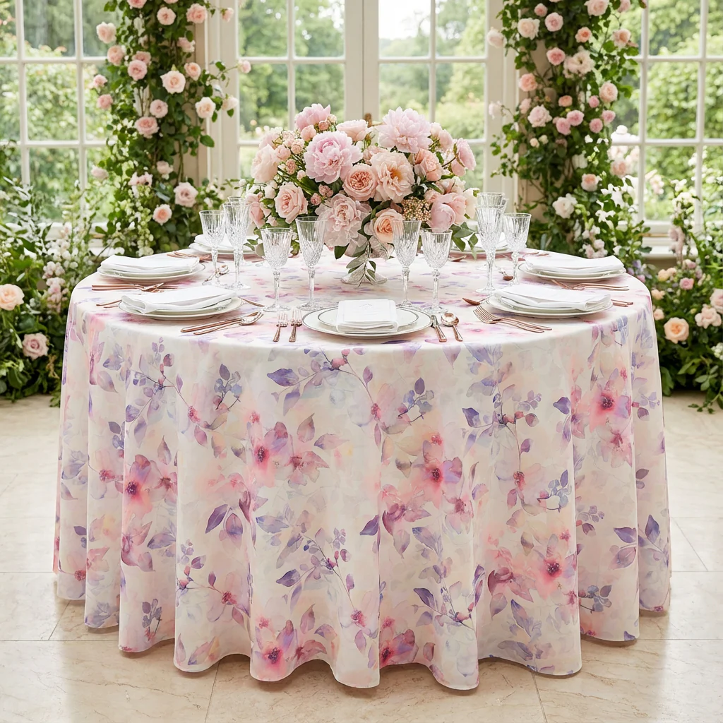 Watercolor Floral 120" Round Tablecloth - Pink