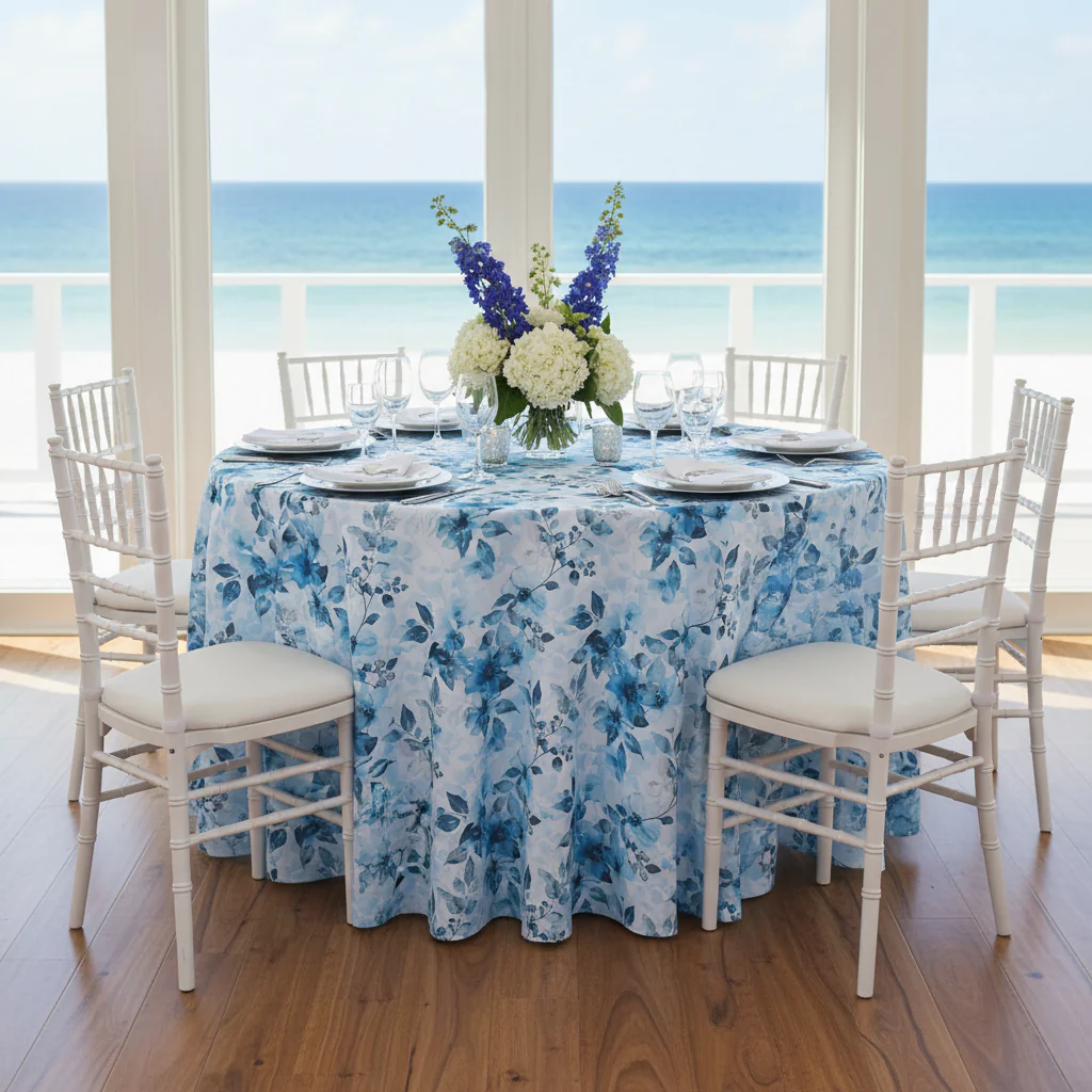 Watercolor Floral 120" Round Tablecloth - Blue