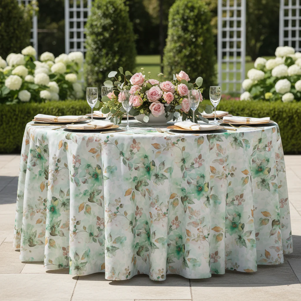 Watercolor Floral 120" Round Tablecloth - Green - Image 3