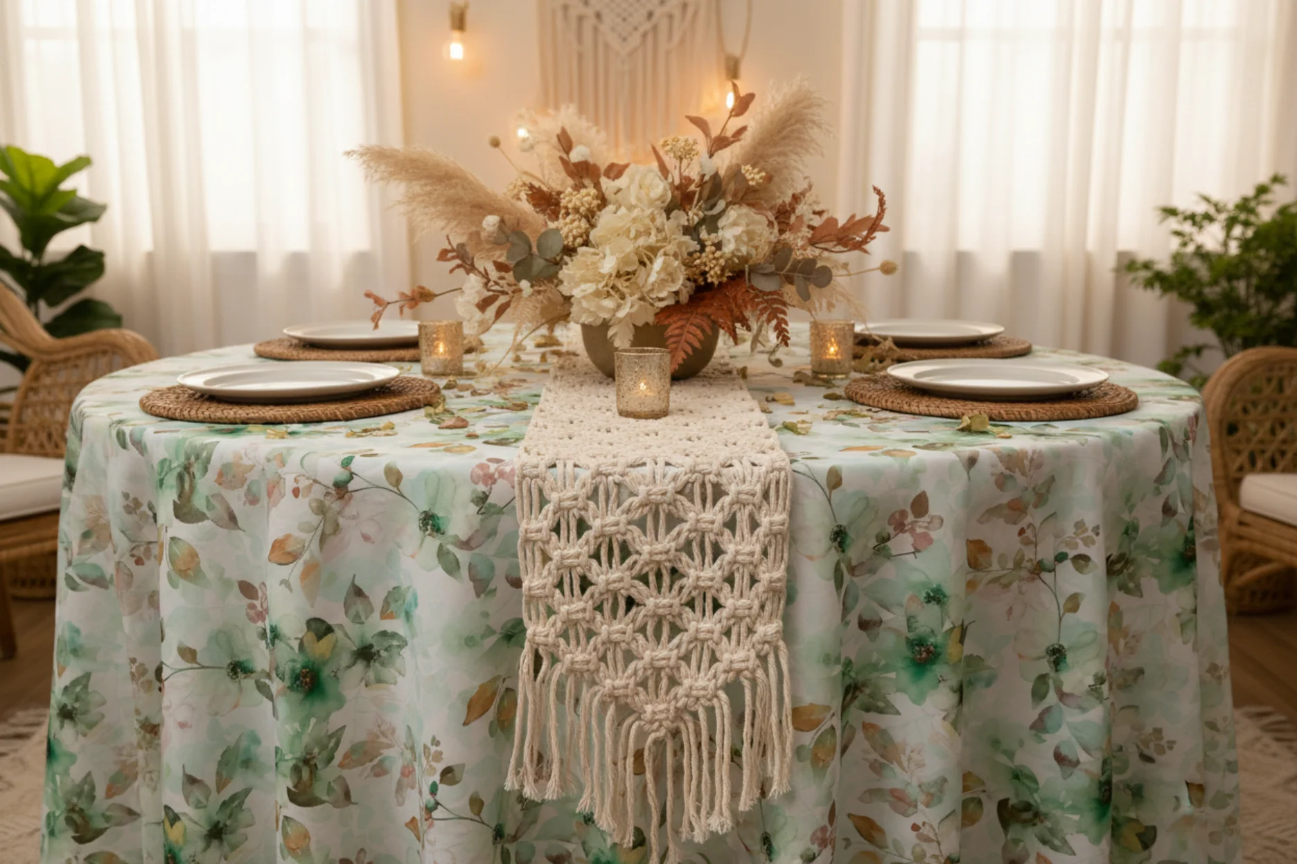 Watercolor Floral 120" Round Tablecloth - Green - Image 5
