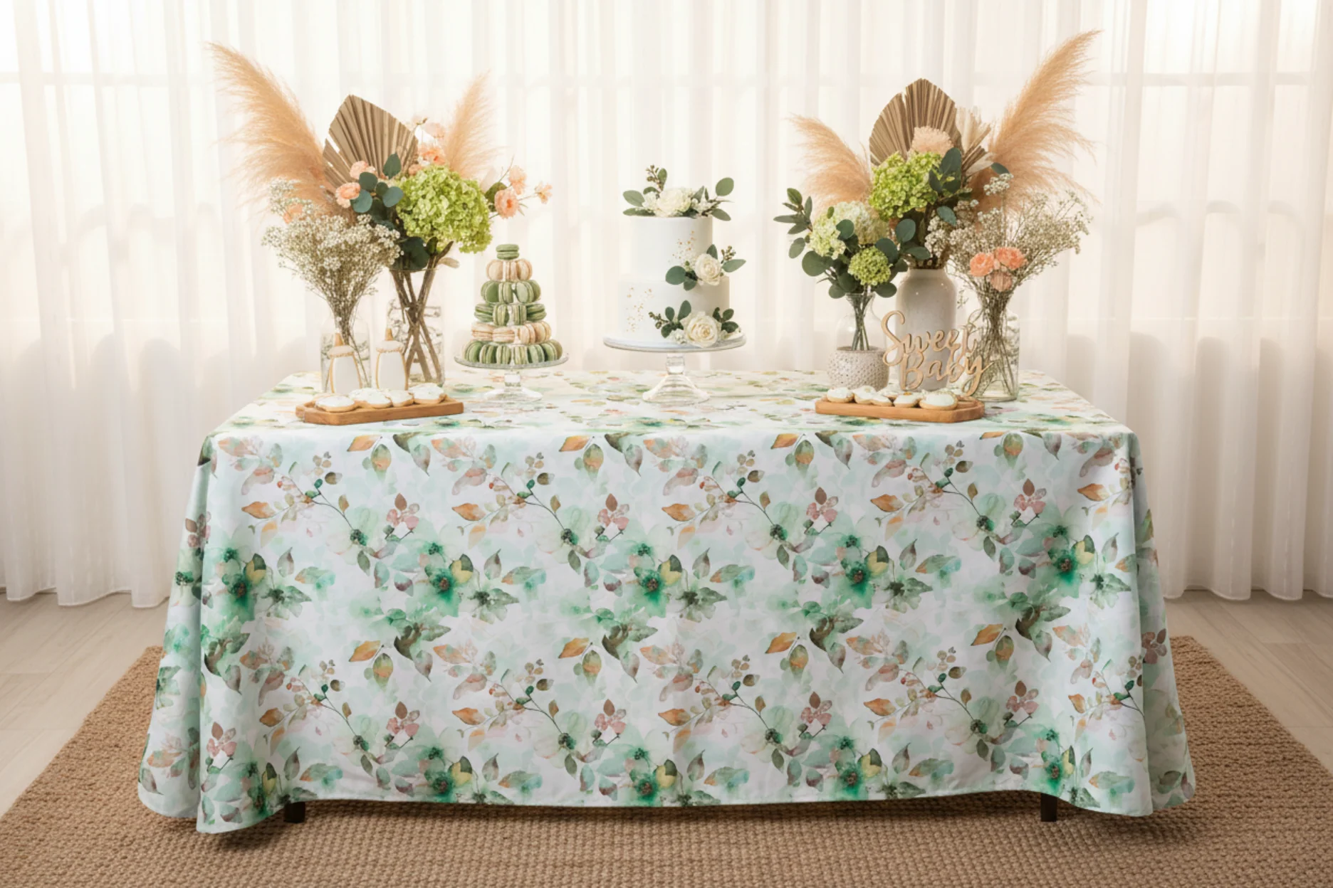 Watercolor Floral Rectangular 90"x132" Tablecloth - Green - Image 3