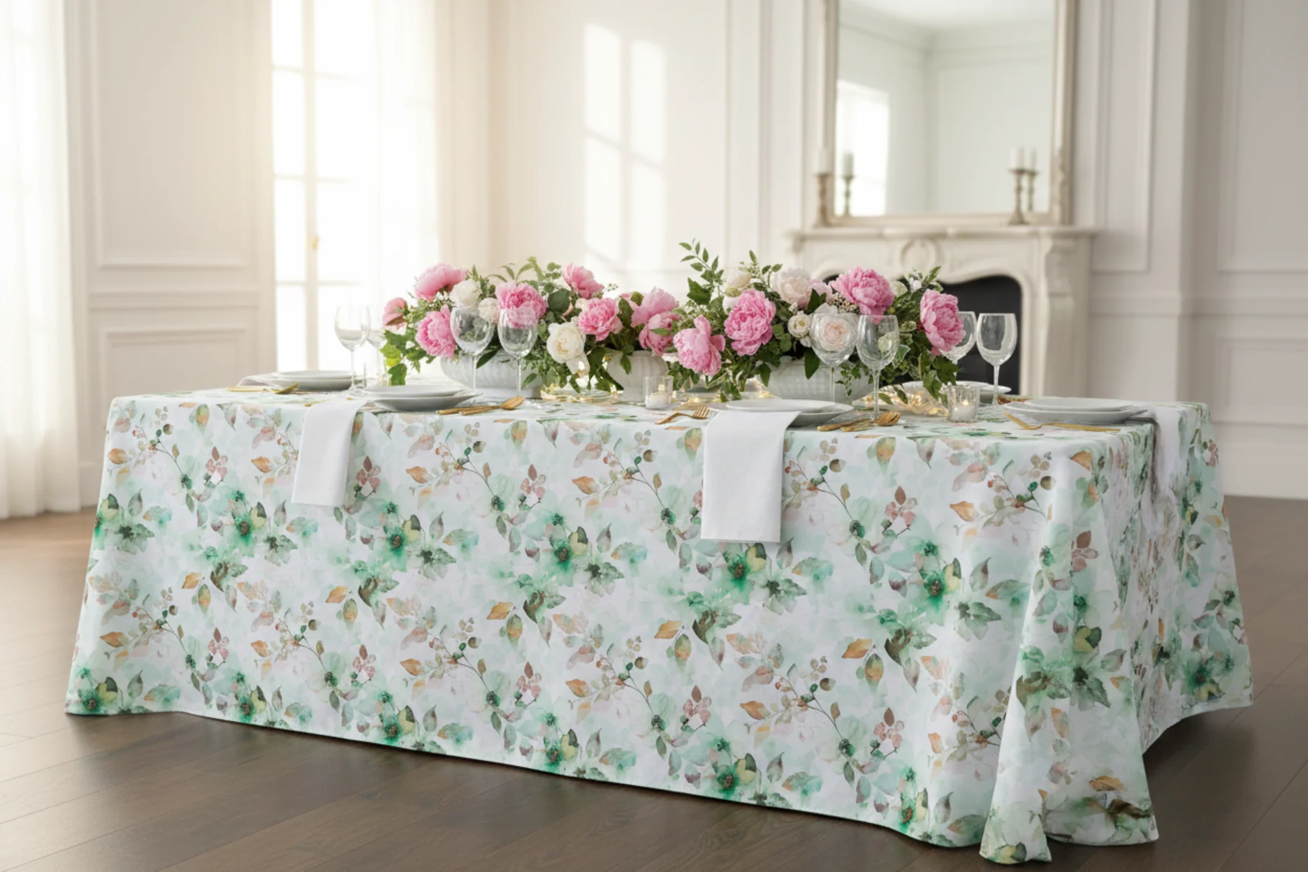 Watercolor Floral Rectangular 90"x156" Tablecloth - Green - Image 3
