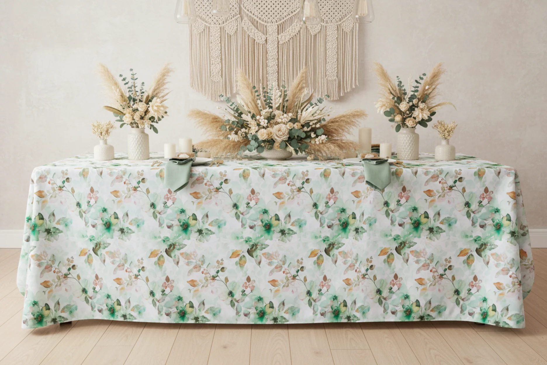 Watercolor Floral Rectangular 90"x156" Tablecloth - Green - Image 5