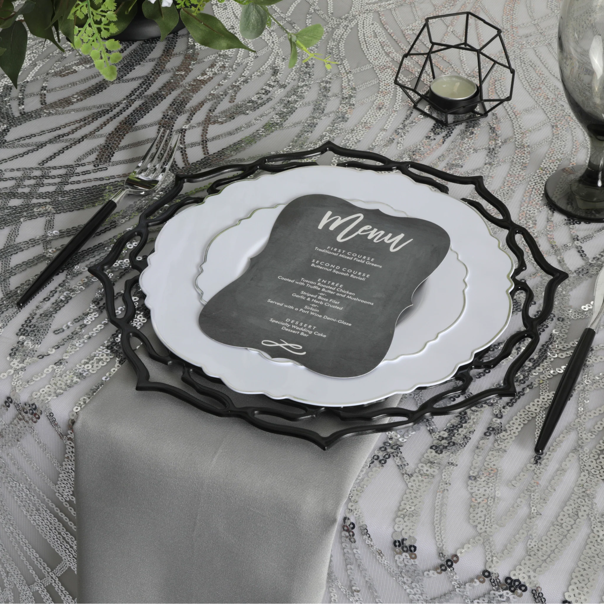 Wave Sequin Mesh Tablecloth  90"x132" Rectangular -  Silver - Image 2
