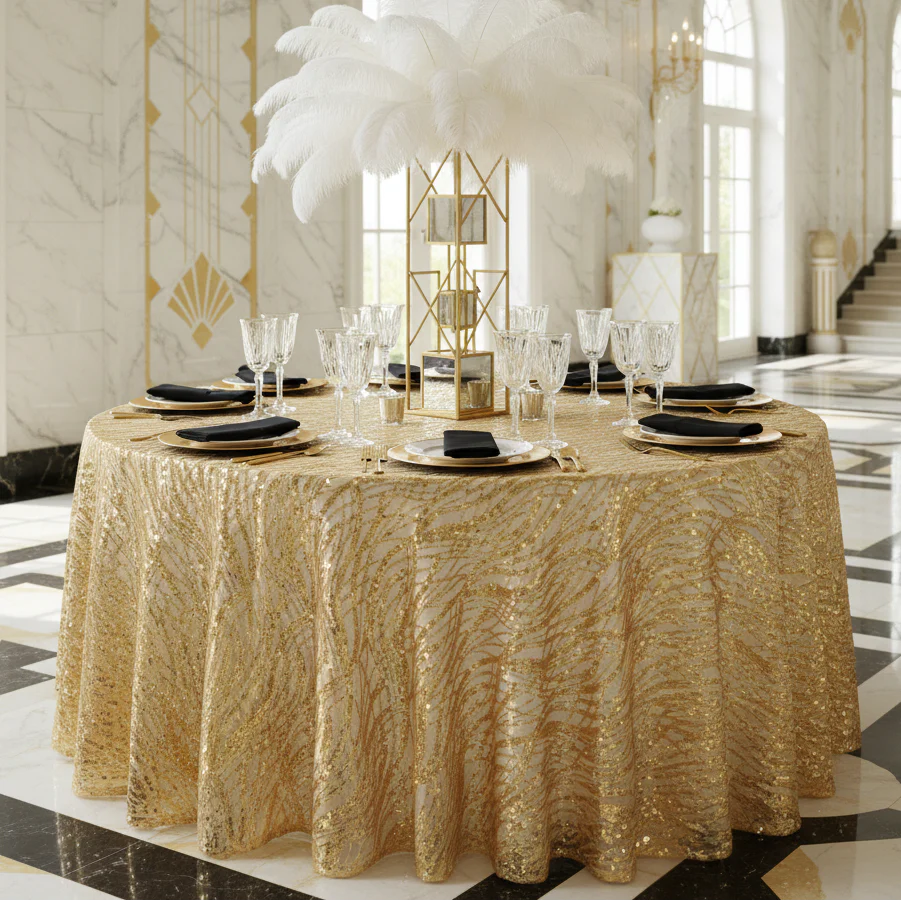 Wave Sequin Mesh Tablecloth 120" Round - Gold