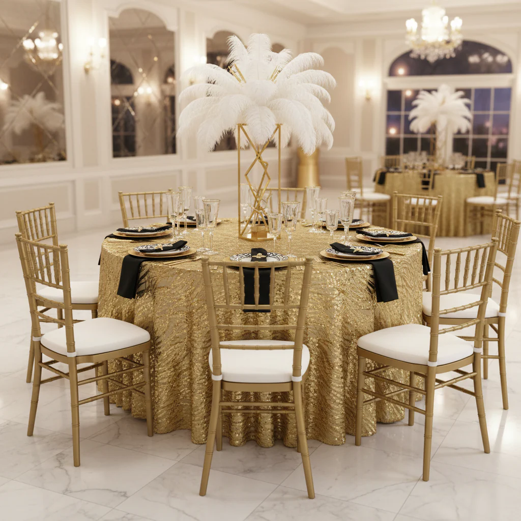 Wave Sequin Mesh Tablecloth 120" Round - Gold - Image 3