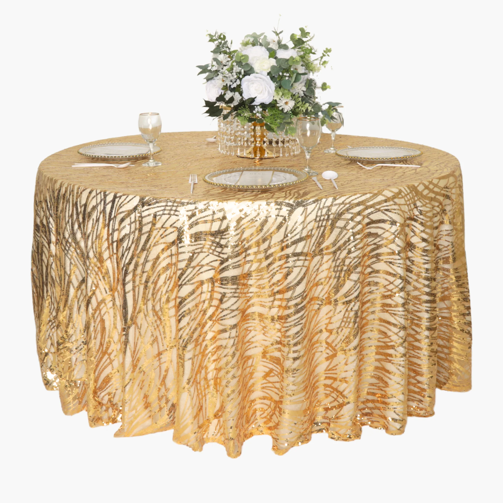 Wave Sequin Mesh Tablecloth 120" Round - Gold - Image 5