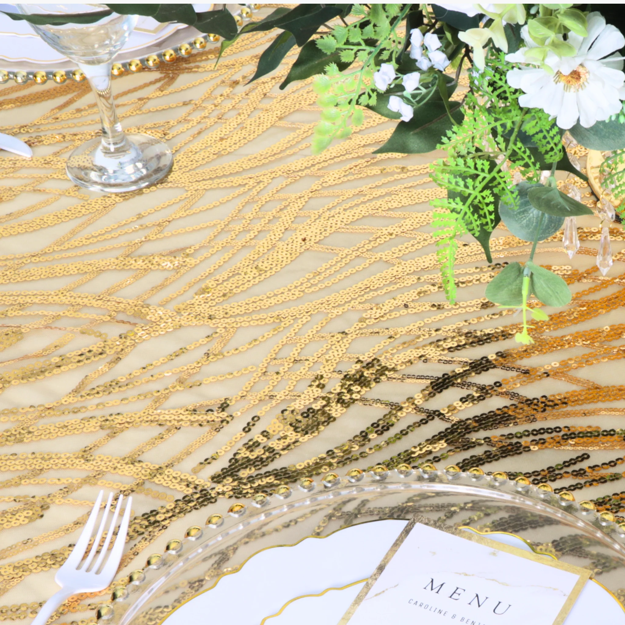 Wave Sequin Mesh Tablecloth 120" Round - Gold - Image 6