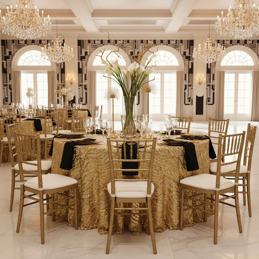Wave Sequin Mesh Tablecloth 120" Round - Gold - Image 7