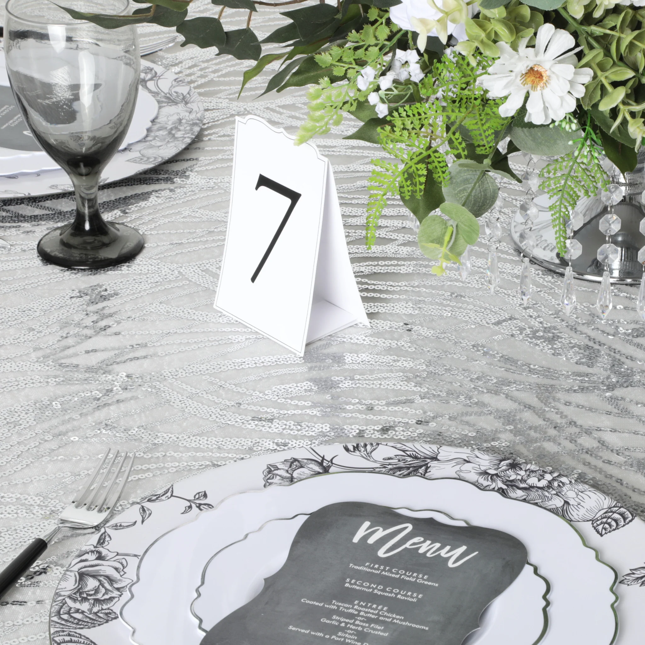 Wave Sequin Mesh Tablecloth 120" Round - Silver - Image 2