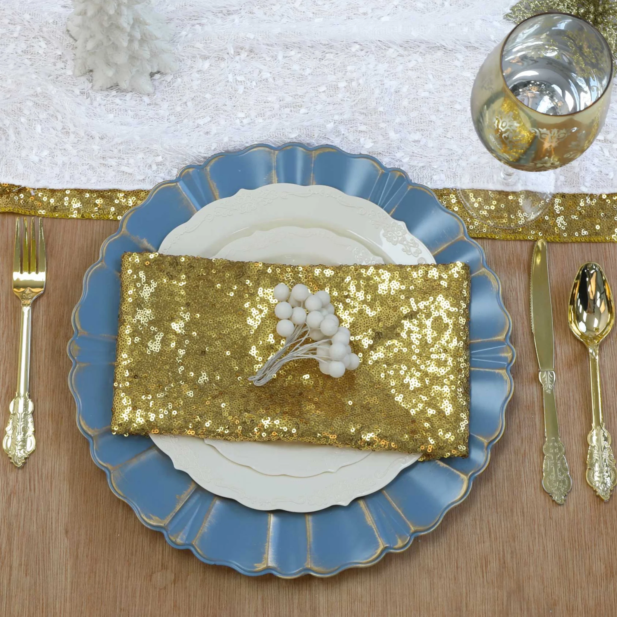 Waved Scalloped Acrylic 13" Charger Plate - Dusty Blue & Gold - Image 3