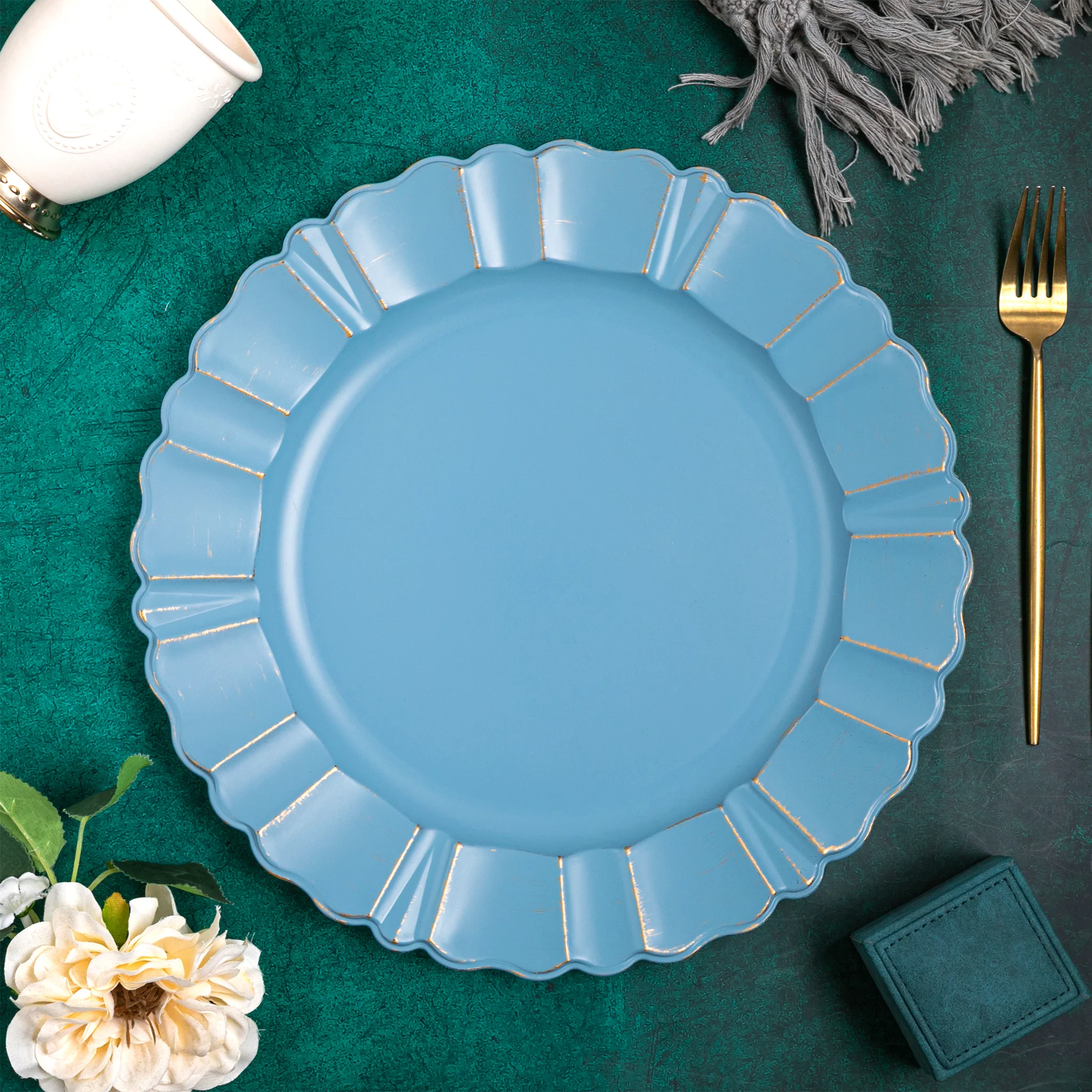 Waved Scalloped Acrylic 13" Charger Plate - Dusty Blue & Gold - Image 4