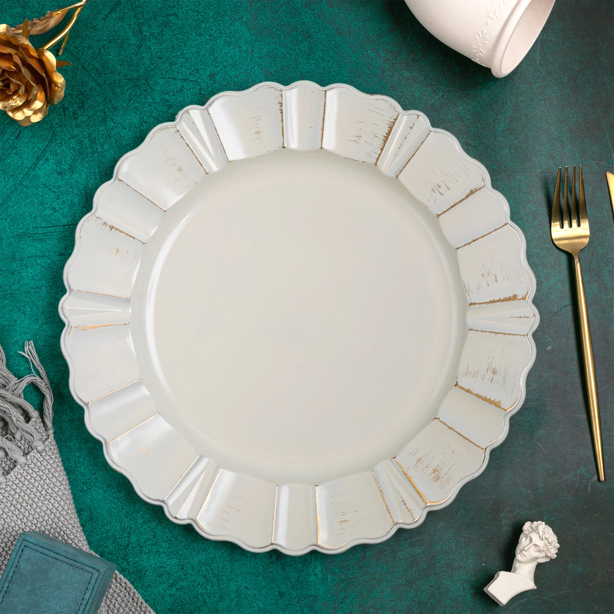 Waved Scalloped Acrylic 13" Charger Plate - Gold & Ivory - Image 2
