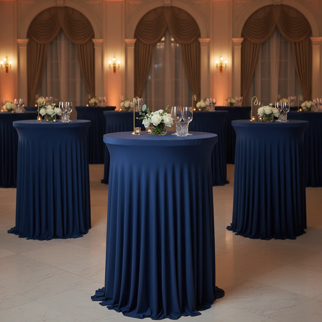 Wavy Spandex Cocktail Table Cover 30"-32" Round - Navy Blue - Image 4