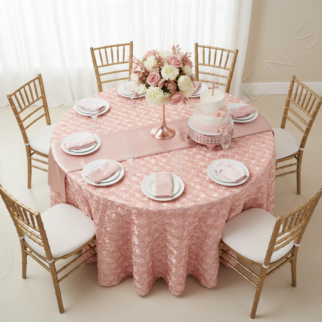 Wedding Rosette Satin 120" Round Tablecloth - Blush/Rose Gold - Image 2