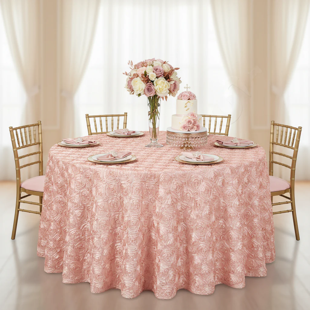 Wedding Rosette Satin 120" Round Tablecloth - Blush/Rose Gold - Image 3