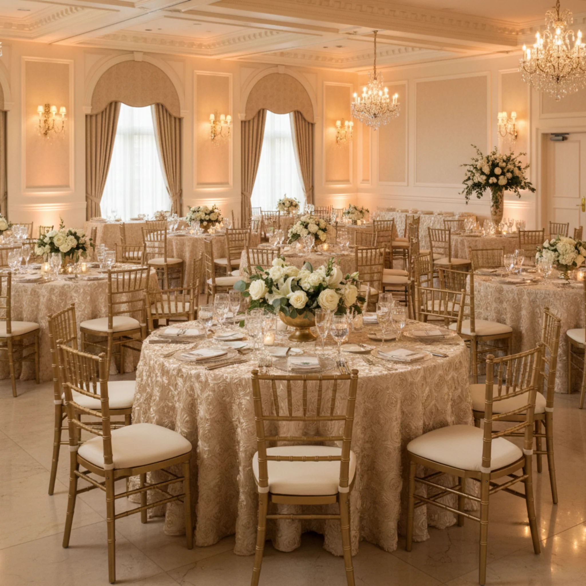 Wedding Rosette SATIN 120" Round Tablecloth - Champagne - Image 3