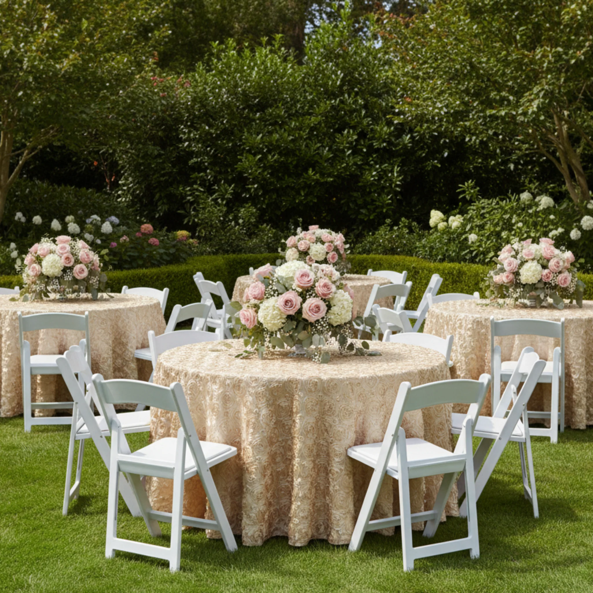 Wedding Rosette SATIN 120" Round Tablecloth - Champagne - Image 4