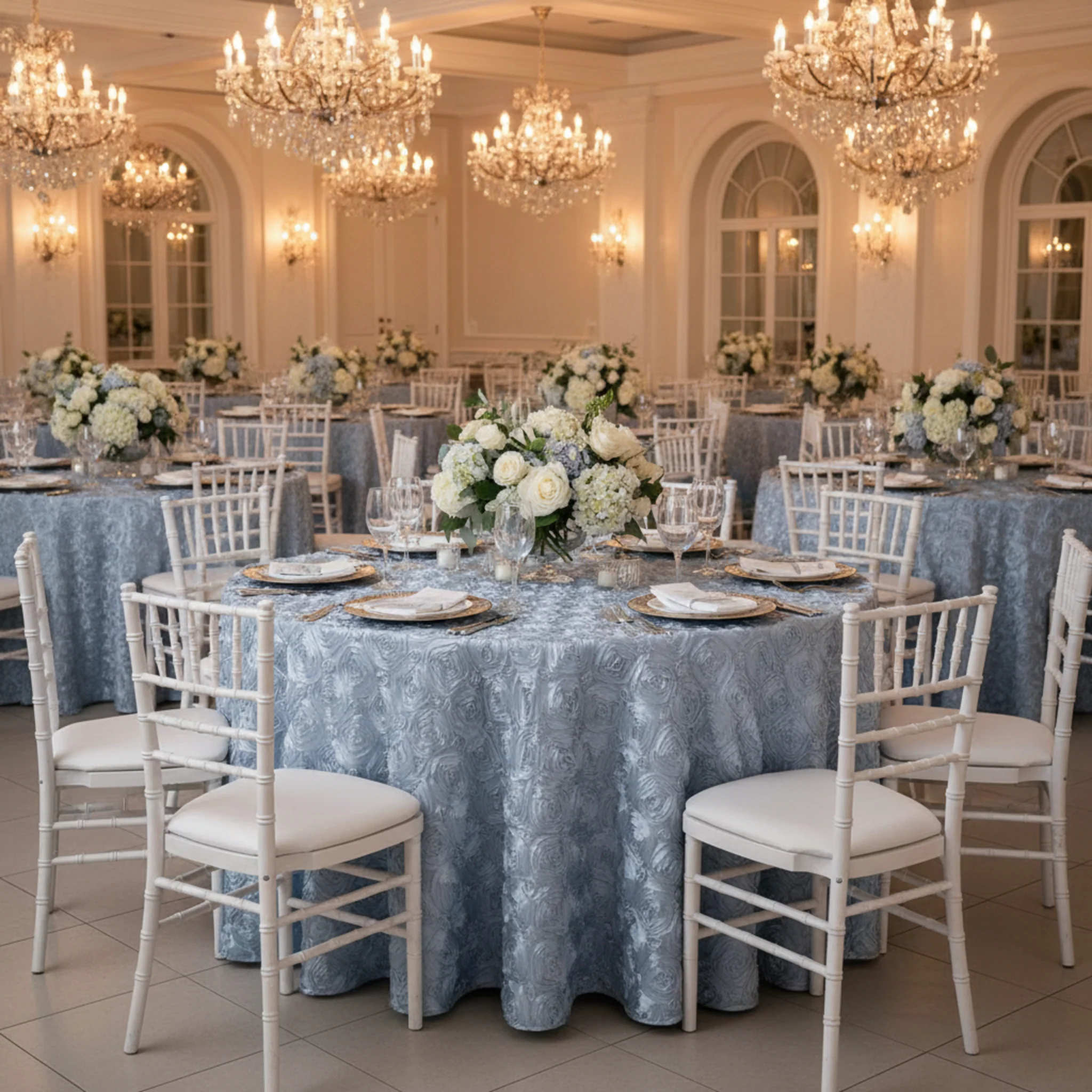Wedding Rosette SATIN 120" Round Tablecloth - Dusty Blue - Image 2