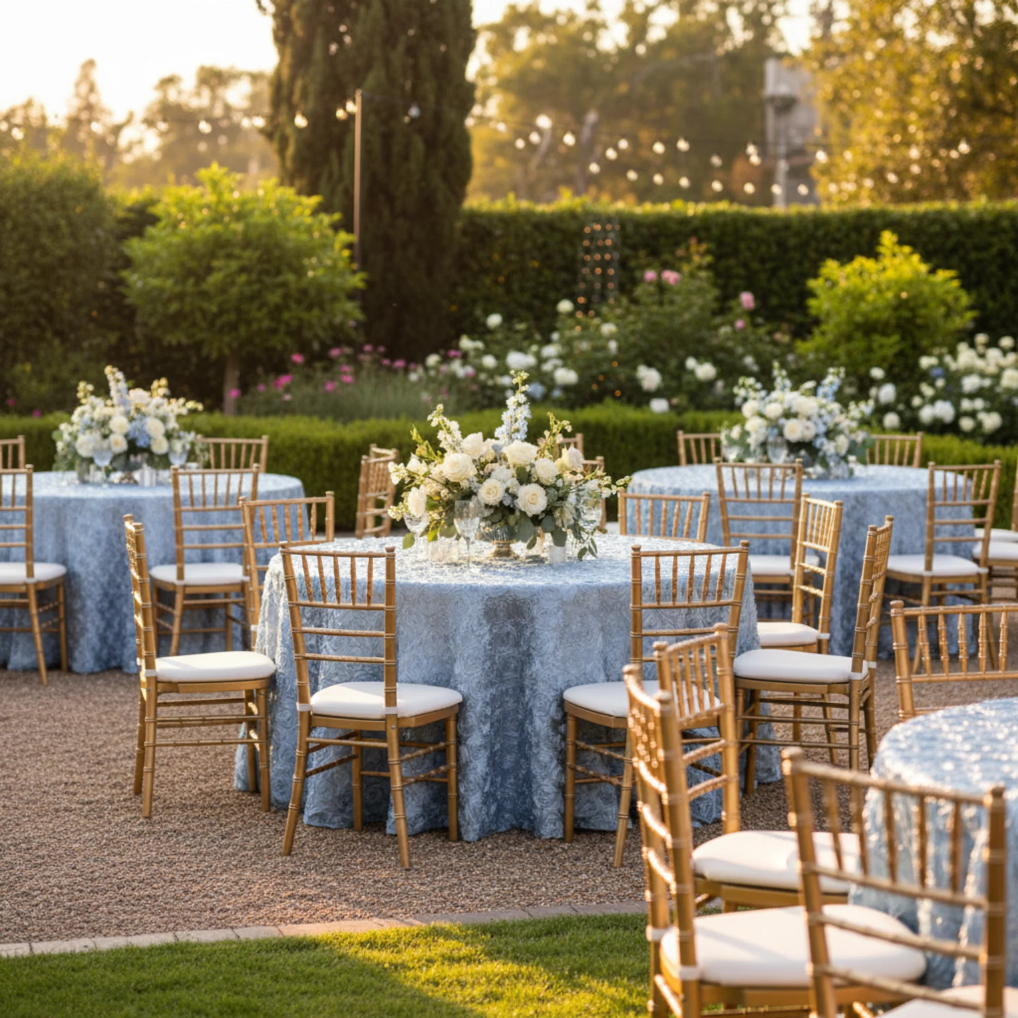 Wedding Rosette SATIN 120" Round Tablecloth - Dusty Blue - Image 3