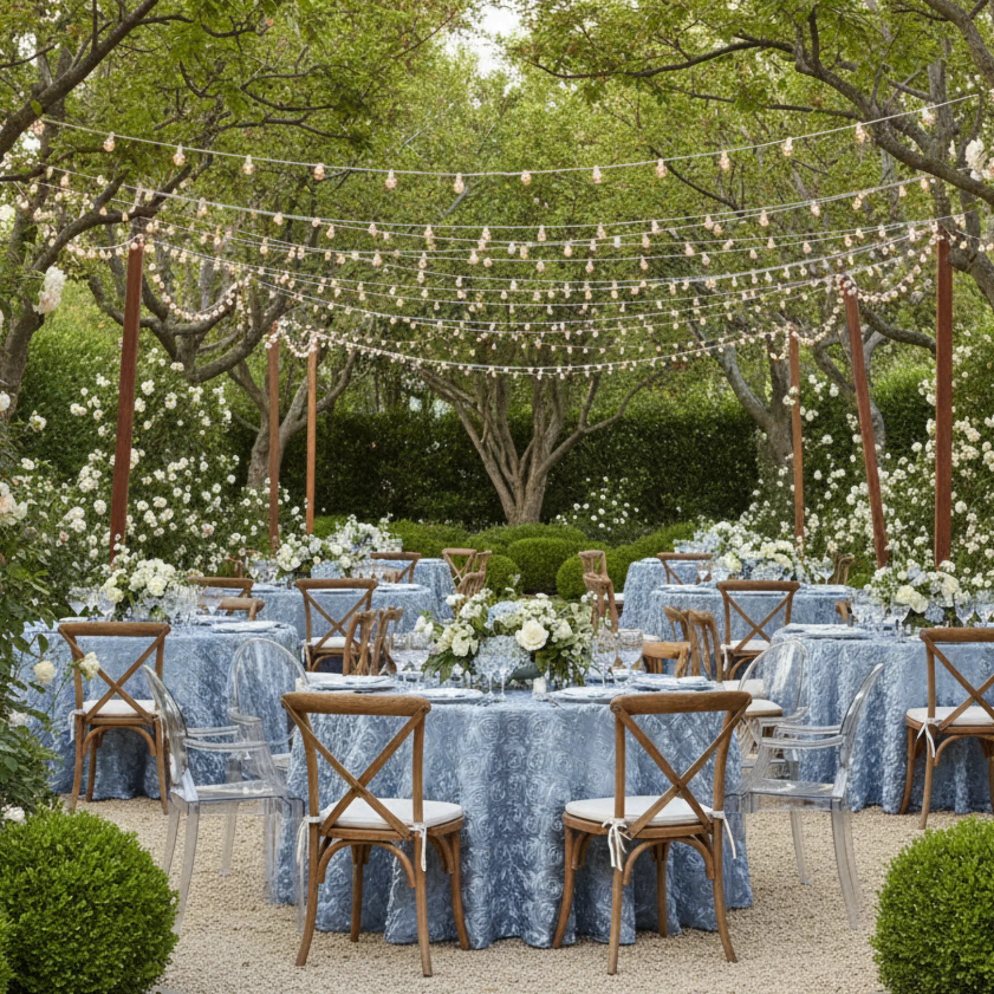Wedding Rosette SATIN 120" Round Tablecloth - Dusty Blue - Image 4