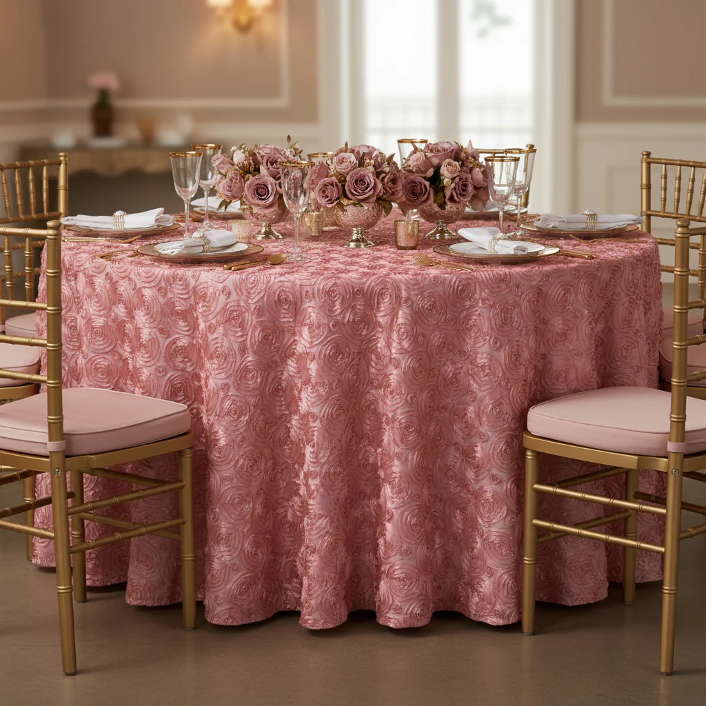 Wedding Rosette SATIN 120" Round Tablecloth - Dusty Rose/Mauve