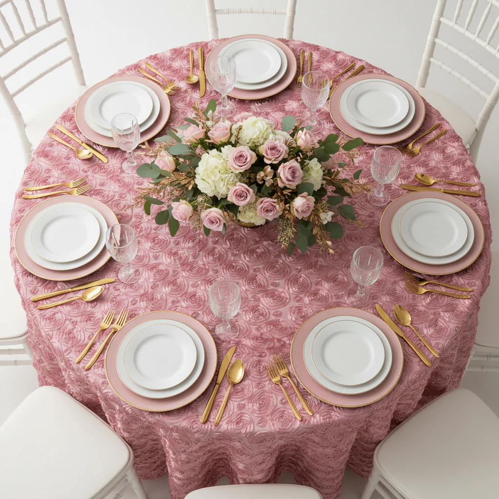 Wedding Rosette SATIN 120" Round Tablecloth - Dusty Rose/Mauve - Image 3