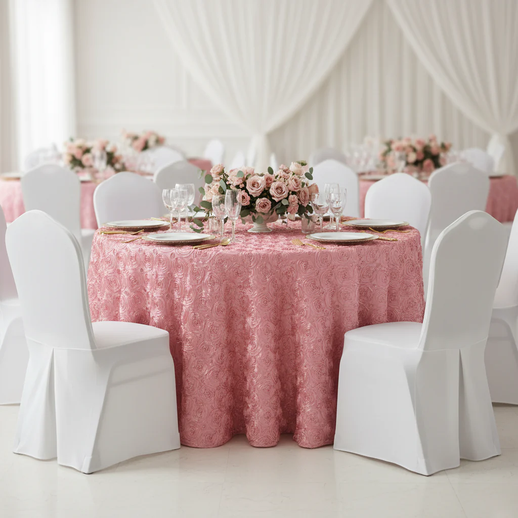 Wedding Rosette SATIN 120" Round Tablecloth - Dusty Rose/Mauve - Image 4